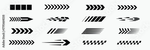 Set of racing chevron arrows and speed lines graphic elements
