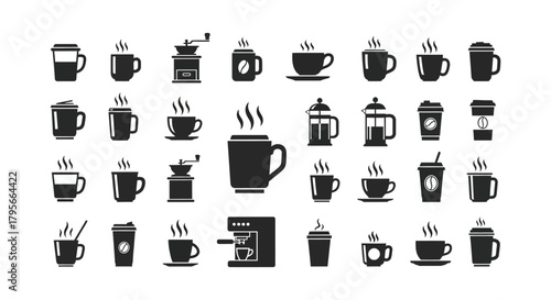 Various coffee related icons including cups pots beans and brewing devices