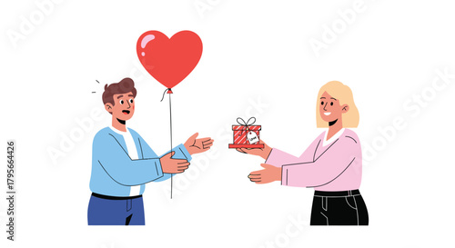 Man with heart balloon offers gift to woman celebrating love and generosity on a white background