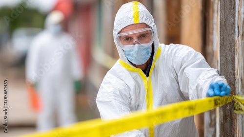 Health Workers in Protective Gear Conducting Safety Protocols and Hazard Assessments at a Contaminated Site with Yellow Caution Tape
