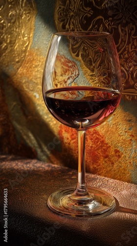 Red Wine in a Glass With Textured Background, Warm Ambient Light Creates Invi...