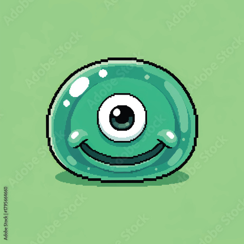 Green OneEyed Blob Character with a Smile in Pixel Art Style.