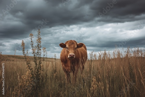 Cow Grazing in Golden Grassland Under Cloudy Skies During an Overcast Afternoon