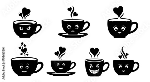 Coffee cups with heart shaped steam and facial expressions. Black silhouette vector icon set of expressive hot drinks for cafe and beverage branding.