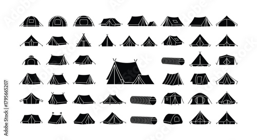 A collection of black and white tent icons and camping related objects