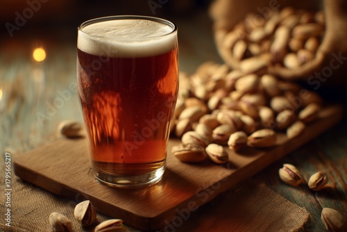 Enjoying a Cold Beverage With a Bowl of Nuts on a Rustic Wooden Table