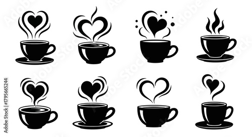 Collection of Eight Black Silhouettes of Coffee Cups with Heart-Shaped Steam Rising, Depicting Warmth and Love for Beverages, Isolated on White Background for Cafe or Drink-Related Designs