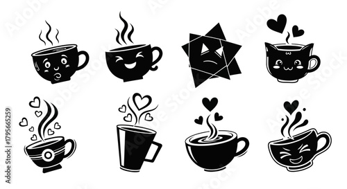 Diverse Collection of Eight Black Silhouette Coffee Cups with Expressive Faces, Heart-Shaped Steam, and Unique Designs, Including a Geometric Shape, Isolated on White Background