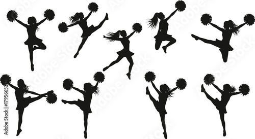 Cheerleader silhouettes with pom-poms in dynamic poses, energetic female dancers performing jumps, kicks, and stunts for team spirit themes.