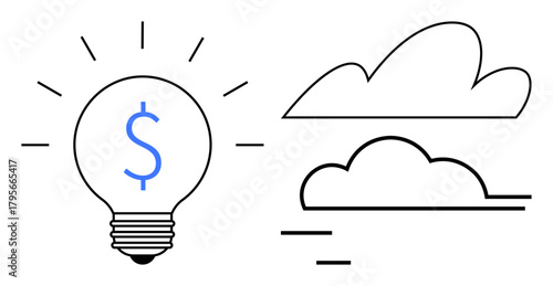 Dollar sign inside glowing light bulb symbolizing financial ideas. Accompanied by simple cloud outlines. Ideal for finance, innovation, entrepreneurship, creativity, technology, sustainability