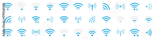 Blue wireless signal icon collection. Wifi signal. Set of signs for connect of network. Bar of satellites for mobile, radio, computer. Hotspot, strength electronic wave from antenna for communication.