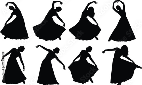 Elegant black silhouette vector of female dancer in flowing dress performing graceful poses, expressive movement, artistic choreography, minimal style