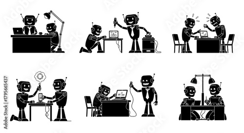 Robots Working on Computers and Technology Tasks with Laptops Cables and Tools Desk Setup
