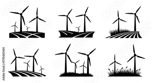 Wind turbines on hills and fields vector icons. Renewable energy landscape, wind power generation, green energy, and sustainable environment concepts.