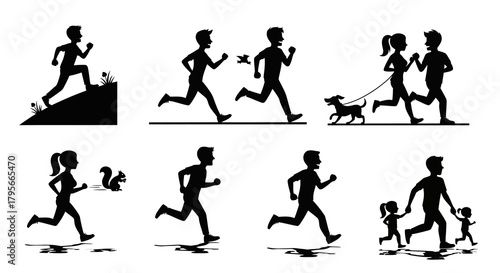 Silhouettes of People Running and Jogging Outdoor Exercise Active Lifestyle with Dog and Children