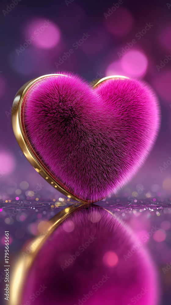 Fototapeta premium Rosa pelziges Herz mit goldener Umrandung auf glitzerndem Hintergrund