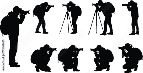 Photographer silhouette poses with camera and tripod in various stances including standing, kneeling, squatting, crouching for outdoor photo shoot scenes