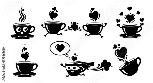 Set of eight black silhouette coffee cup icons with steam forming hearts or abstract shapes, some cups featuring legs, a face, a cape, or spilling liquid, isolated on a clean white background