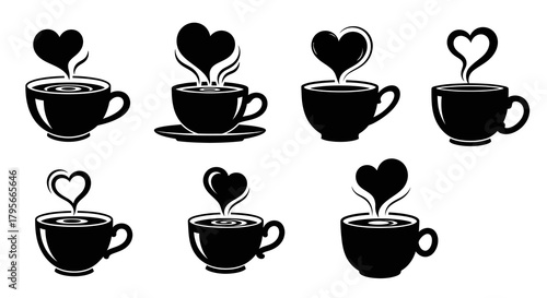 Collection of eight black silhouette coffee cups featuring heart-shaped steam rising from the hot beverage, presented in various mug styles, isolated on a pristine white backdrop