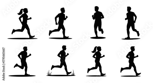 Set of eight black silhouette illustrations depicting people running in various strides and postures, including both male and female figures, isolated on a pure white background