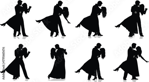 Romantic dancing couple silhouette set in elegant ballroom poses, expressive movement, flowing dress, vector illustration for love and dance themes.