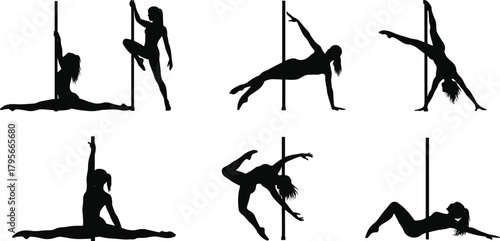 Pole dancing silhouette set featuring athletic female poses on vertical pole, showcasing flexibility, strength, balance, and artistic movement in vector style.