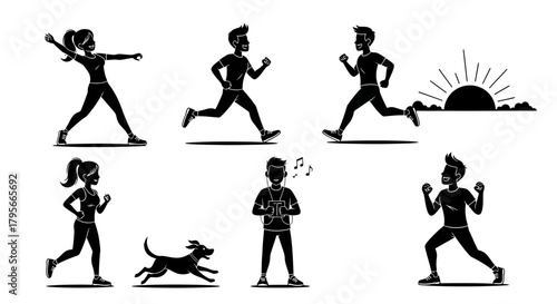 Black and white silhouette illustration of people exercising outdoors, including a woman stretching, men running, and a man listening to podcasts, perfect for fitness related content