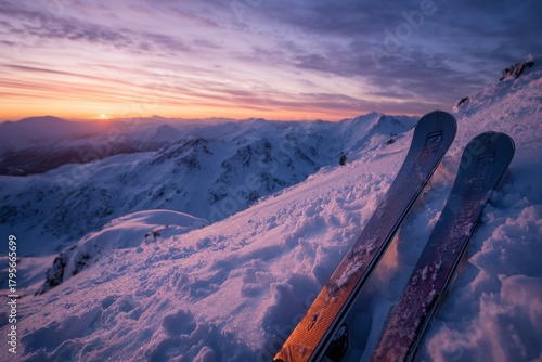 Ski Equipment Resting on Snow at Sunset in a Beautiful Mountain Landscape