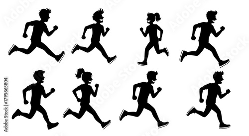 Set of eight diverse running silhouettes Black figures of men and women jogging or sprinting Vector athletic and fitness illustrations for sportswear and healthy lifestyle designs
