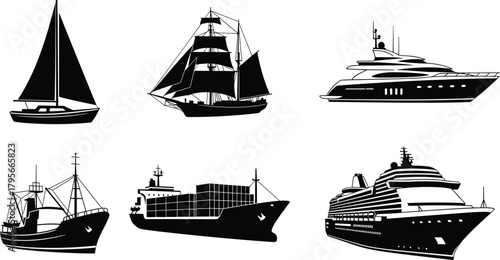 Set of black silhouette ship icons including sailboat, yacht, cruise liner, cargo vessel, fishing trawler, and historic tall ship.
