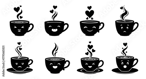 Collection of coffee cups with various facial expressions and heart steam, representing diverse emotions associated with hot beverages and comfort.