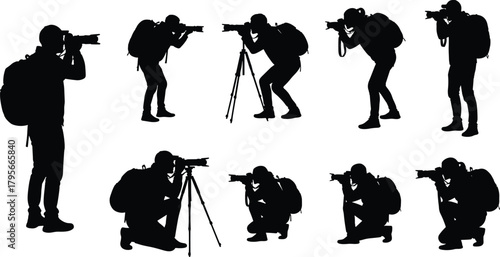 Silhouette photographer poses with camera and tripod, capturing images in various stances, ideal for photography, travel, tutorial, and ergonomic concepts.