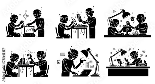 Robots working together on innovative technology, showcasing teamwork and collaborative development in robotics engineering and automation design.