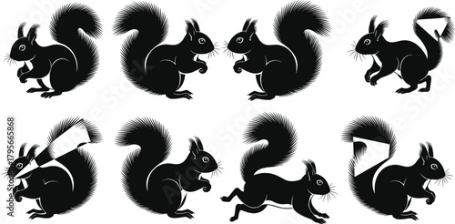 Stylized squirrel silhouette vector set with bushy tails, dynamic poses, expressive movement, clean lines, artistic animal illustration for nature themes.