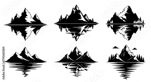 Various stylized mountain range landscapes with reflective water, depicting serene natural beauty and outdoor adventure in a robust graphic style.