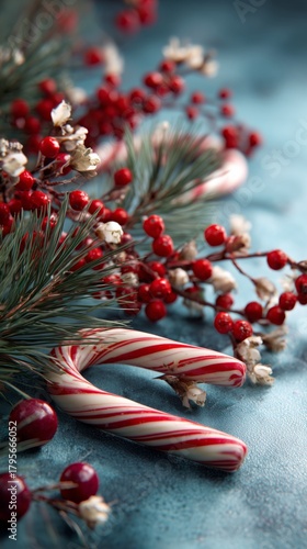 Festive Holiday Decorations With Candy Canes and Red Berries in Winter Setting