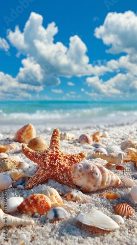Colorful Starfish and Shells on Sandy Beach Under Bright Sky