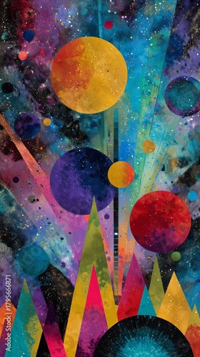 Colorful Abstract Representation of Space With Circles and Triangles