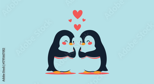 Two adorable cartoon penguins in love sharing a sweet moment with red hearts floating above them