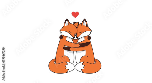 Two adorable cartoon foxes embracing tightly underneath a single red heart symbol