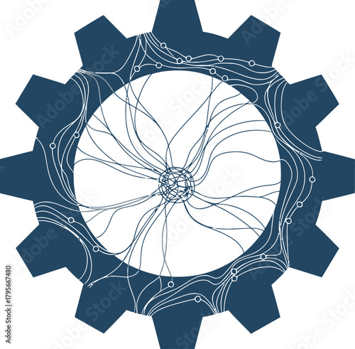 Abstract digital art fusion of mechanical gear and interconnected network lines symbolizing technological innovation and global connectivity isolated on white background