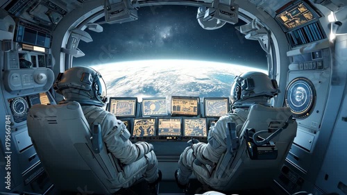 Four astronauts sit in the control center of a spacecraft, observing Earth surface and preparing for navigation during their mission