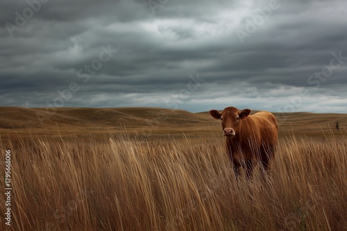 Cow Grazing in Golden Grassland Under Cloudy Skies During an Overcast Afternoon