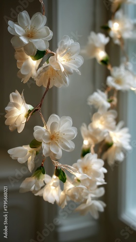 Soft White Flowers With Warm Lights Create a Cozy Indoor Atmosphere During Ev...