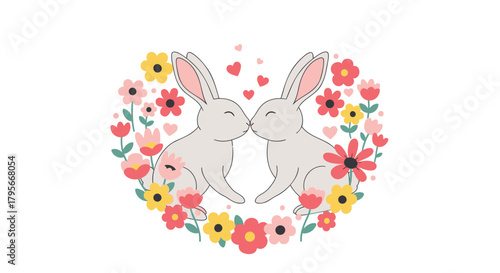 Two adorable gray bunnies share a sweet kiss surrounded by a heart shaped floral wreath