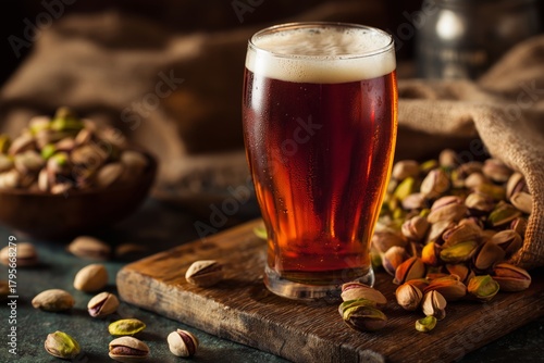 Dark Amber Beer Served in a Glass With Pistachios on a Wooden Board at a Cozy...