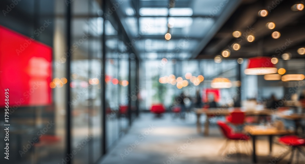 Obraz premium A blurry image of a restaurant with red walls and red chairs
