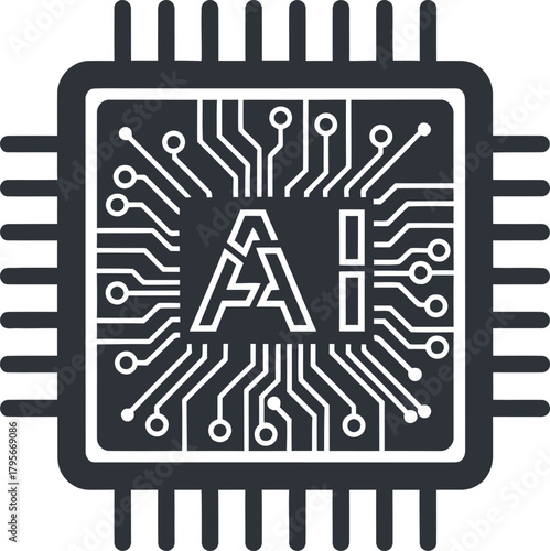 Ai chip processor symbol with circuits and pins representing artificial intelligence technology and advanced computing power isolated on white background