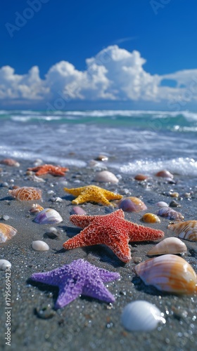 Colorful Starfish and Shells on Sandy Beach Under Bright Sky