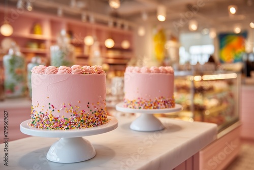 Brightly Colored Cakes on Display in a Bakery With a Cozy Ambiance During the...